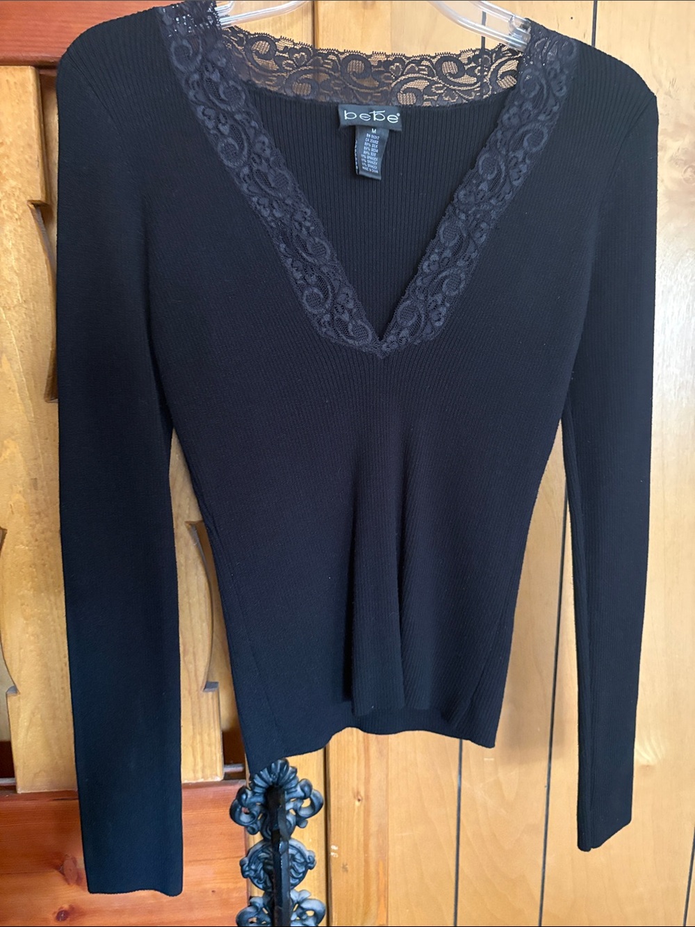 bebe Long Sleeve V-Neck Sweater with Lace Trim